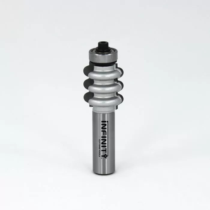 Stainless steel woodworking router bit with multiple profile blades on white background