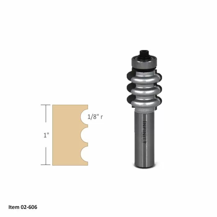 Woodworking router bit with 1-inch triple bead profile and 1/8-inch radius, item 02-606.