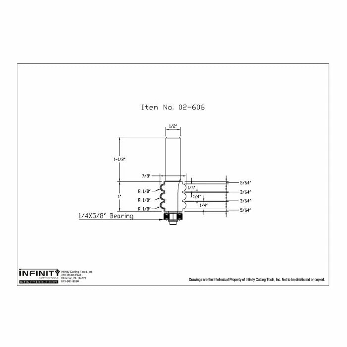 Technical drawing of woodworking router bit with detailed dimensions and bearing size.
