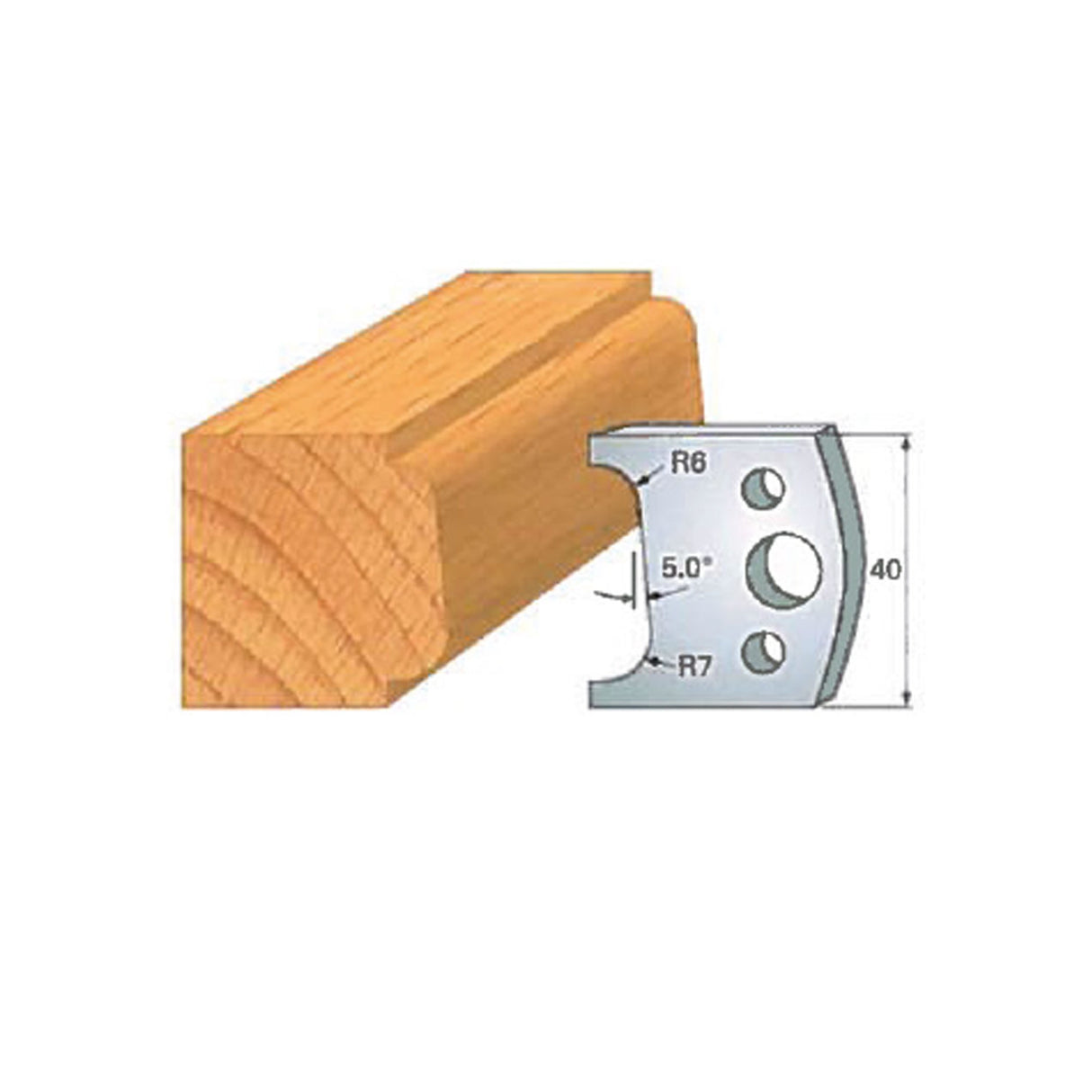 Wood molding profile with steel cutter head and measurement diagram for woodworking.