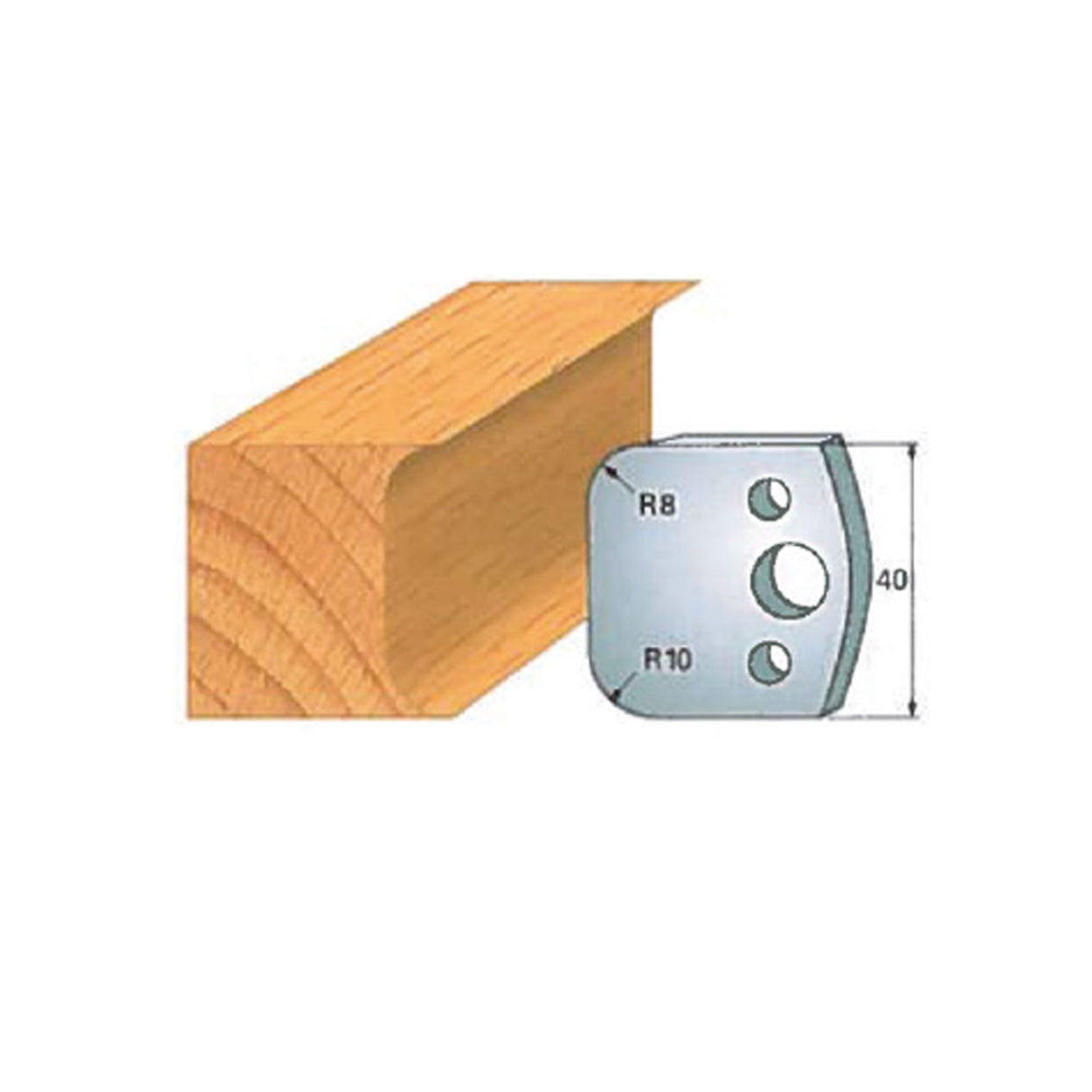 Woodworking molding profile cutter blade with curved cutting edge and wood sample