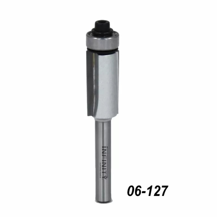 Flush trim router bit with bearing and shank, part number 06-127, for woodworking