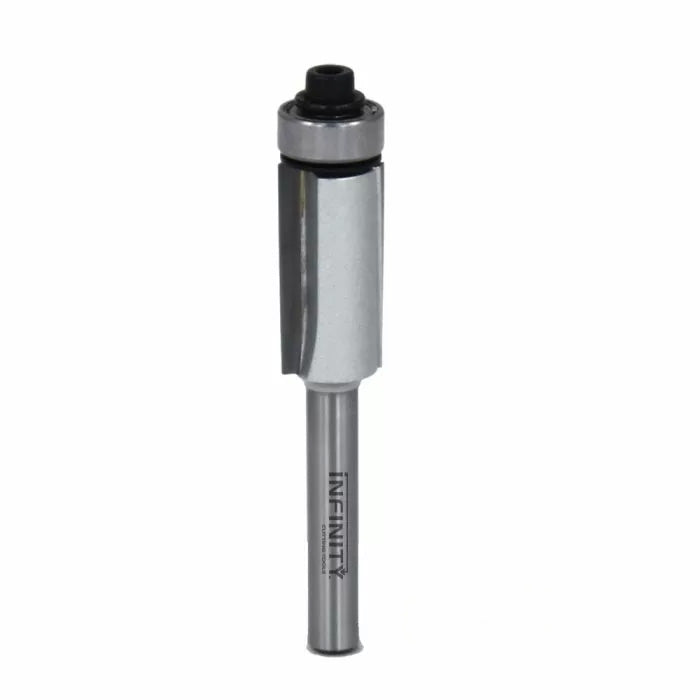 Carbide flush trim router bit with bearing for woodworking, isolated on white background.