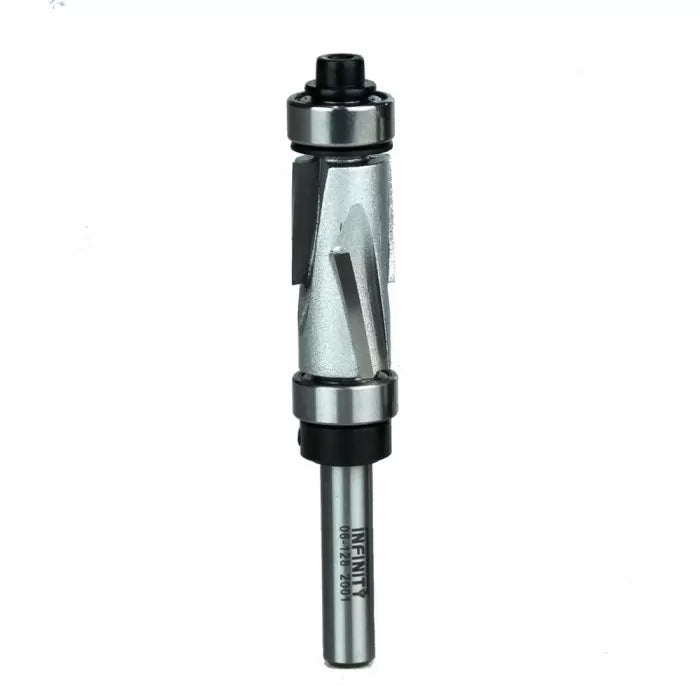 Straight carbide router bit with top and bottom bearings for woodworking precision