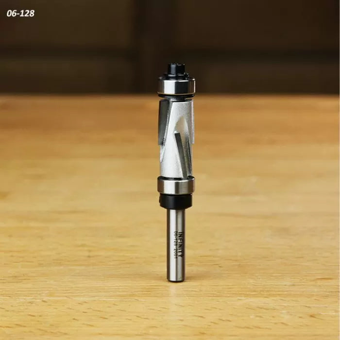 Carbide spiral flush trim router bit for woodworking on wooden surface