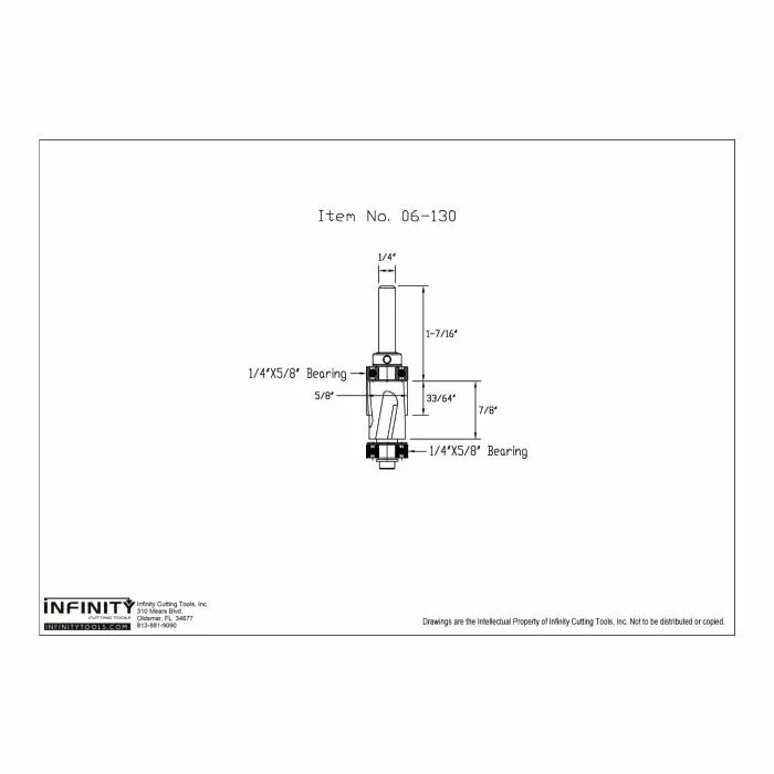 Technical drawing of woodworking router bit with dimensions, bearings, and labeled measurements.