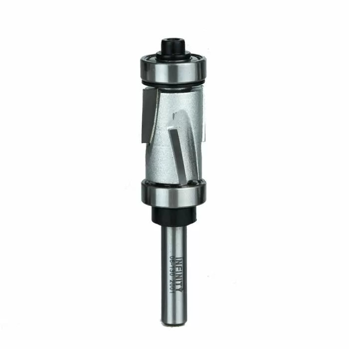 Flush trim router bit with double bearing, carbide-tipped woodworking tool on white background