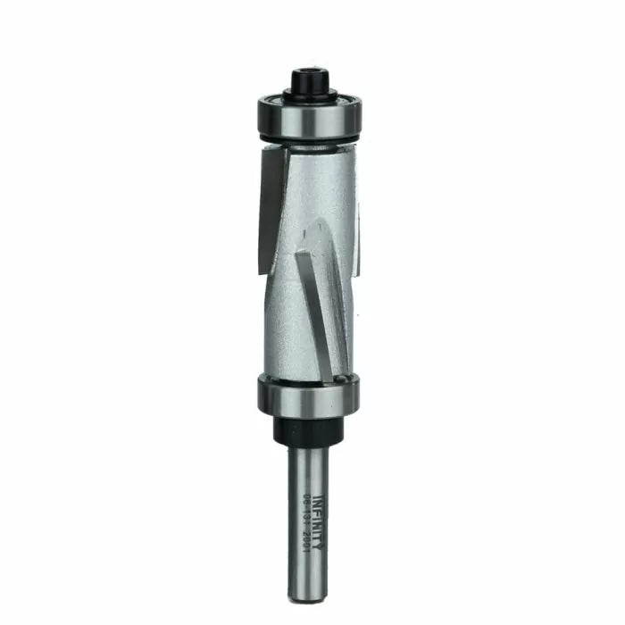 Up-cut spiral flush trim router bit with dual bearings for woodworking precision