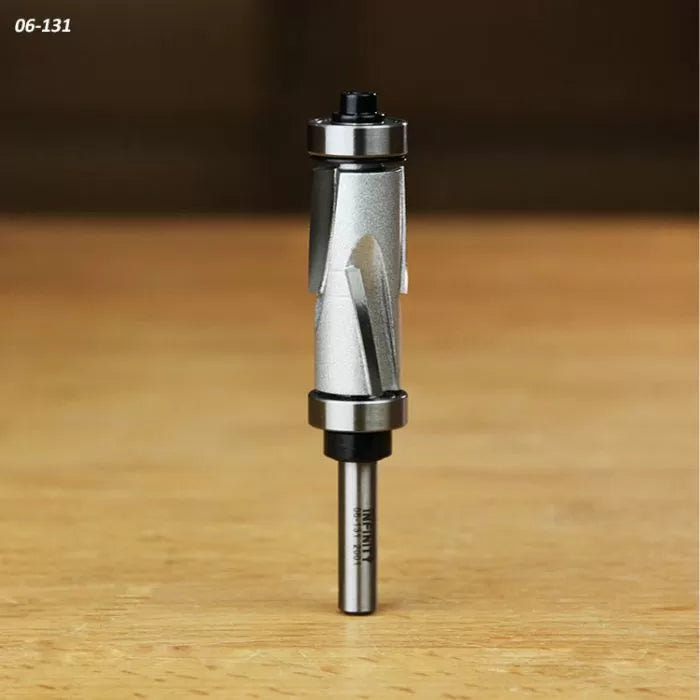Flush trim router bit with dual bearings for woodworking on a wooden surface