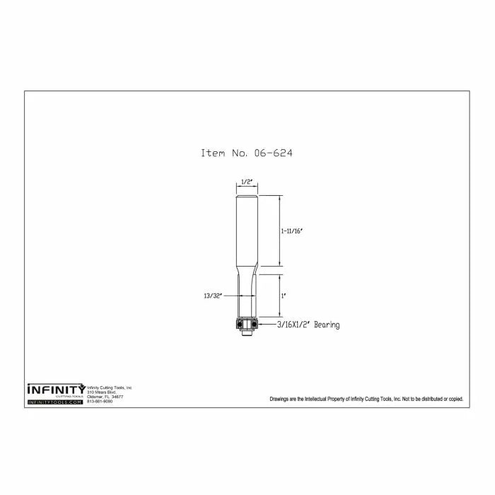 Technical drawing of straight router bit with bearing, labeled dimensions, and item number 06-624.