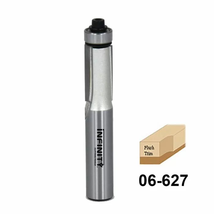 Straight router bit with top bearing, flush trim cutting profile, and item number 06-627.