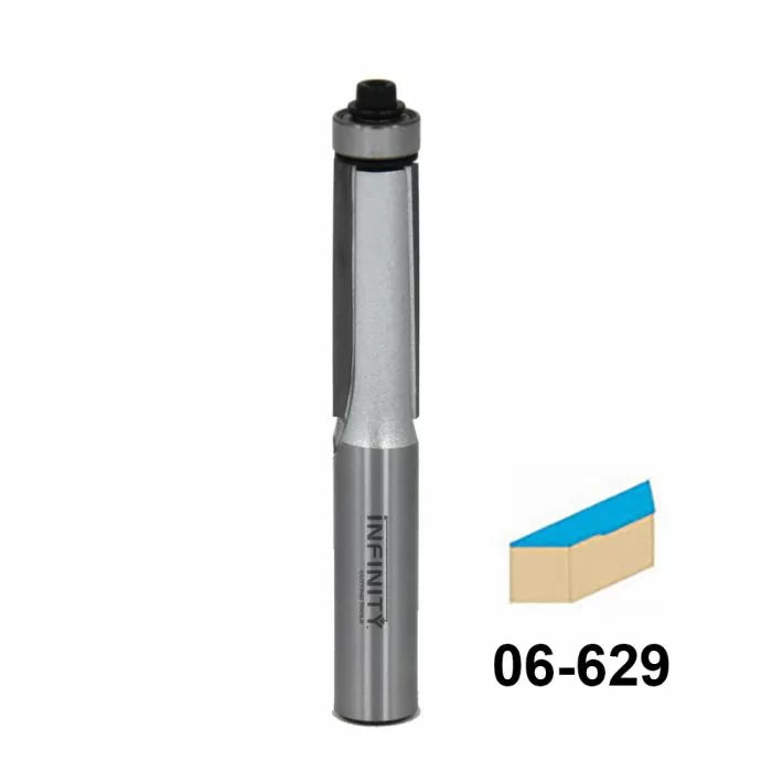 Straight router bit with bearing, shown with sample wood cut profile and product number 06-629