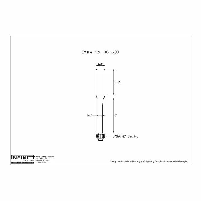 Technical drawing of straight router bit with measurements and bearing size details