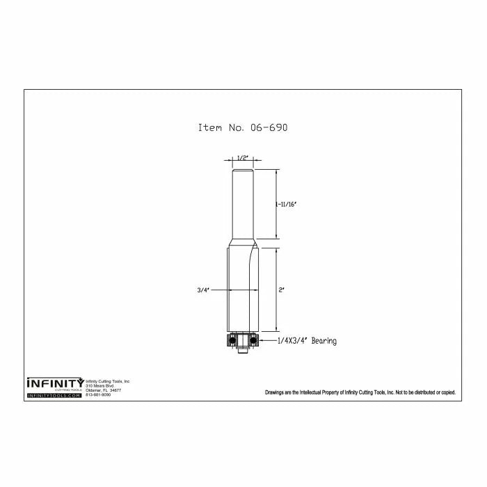 Technical drawing of straight router bit with bearing, labeled dimensions, item 06-690.