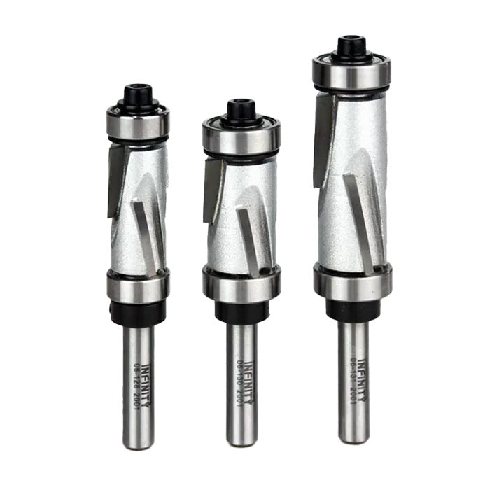 Set of three spiral flush trim router bits with ball bearings for woodworking