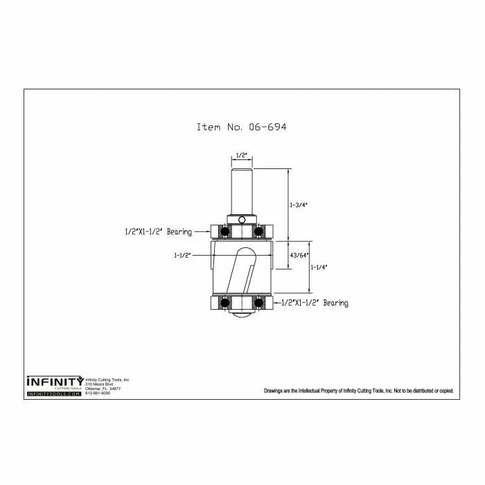 Technical drawing of router bit with bearings and dimensions, woodworking tool diagram