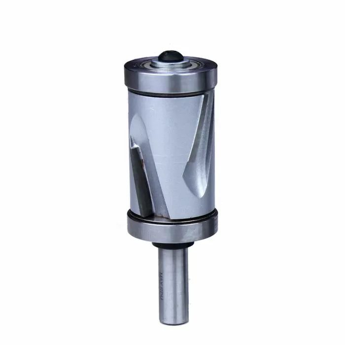 Spiral flush trim router bit for woodworking, with double bearing and carbide blades