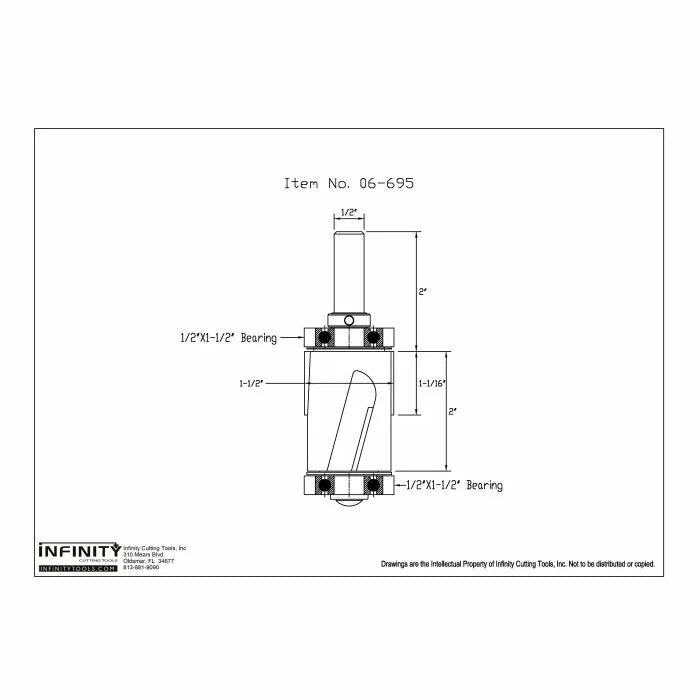 Technical drawing of woodworking router bit with bearings and precise measurements.
