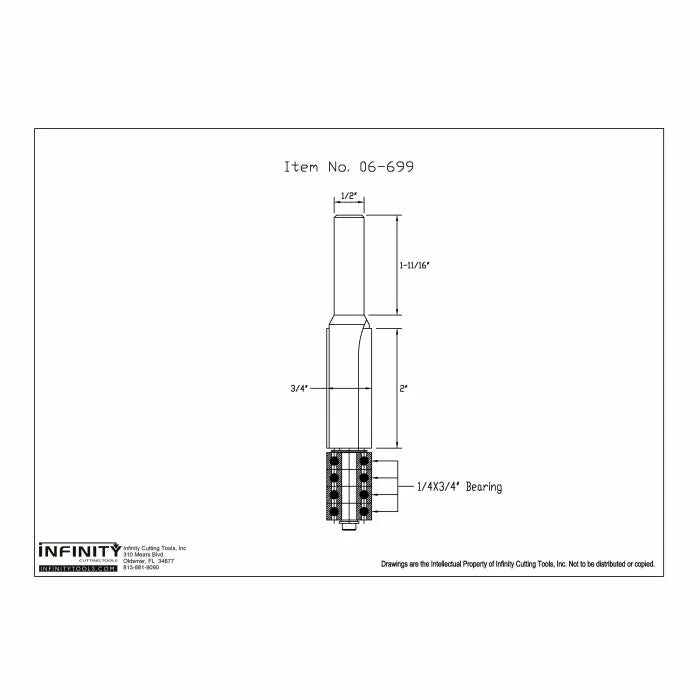 Technical drawing of straight router bit with bearing, showing labeled dimensions