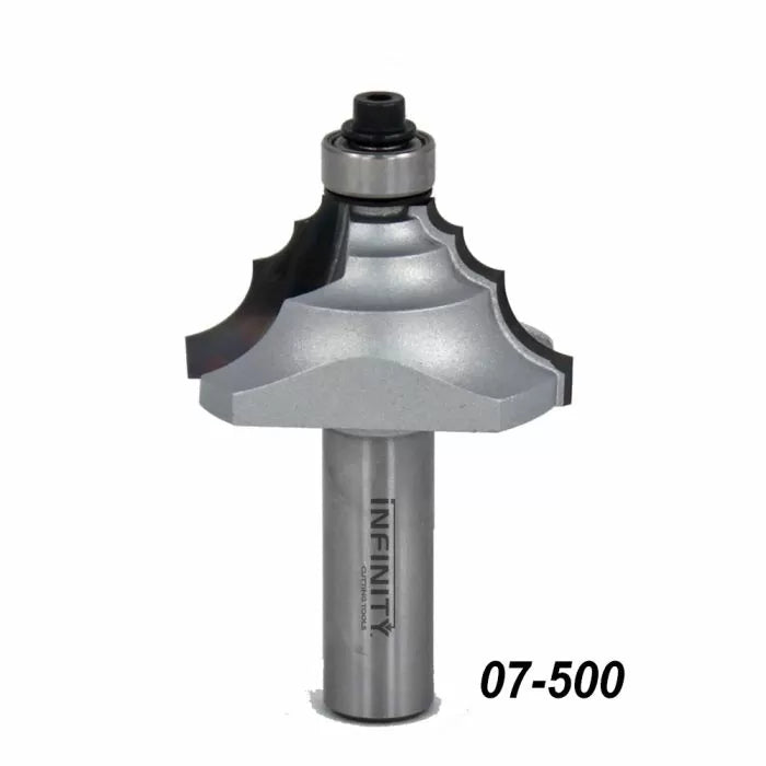 Steel woodworking router bit with bearing and decorative edge profile, marked 07-500.