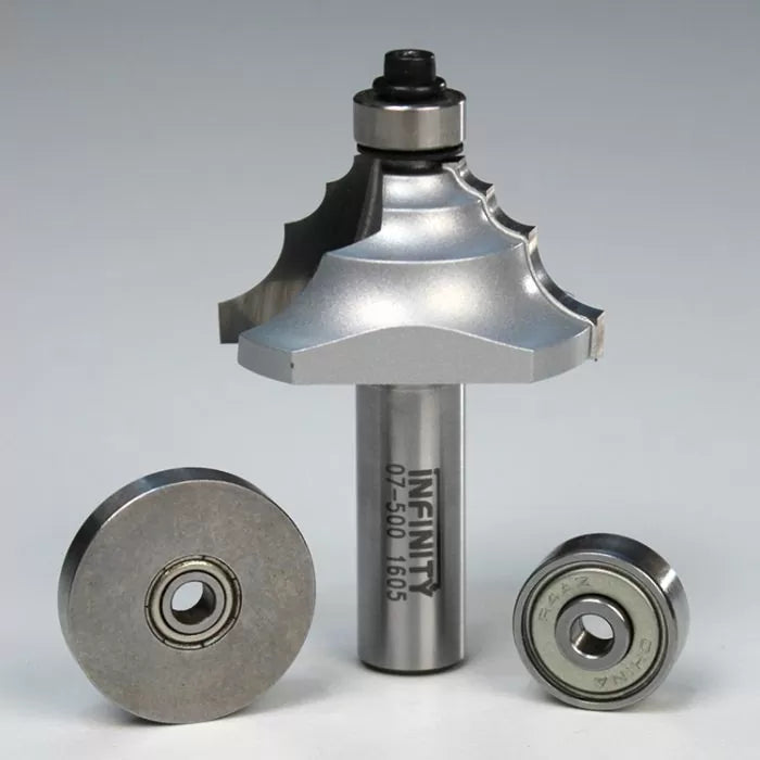 Woodworking router bit with two bearings on a neutral background