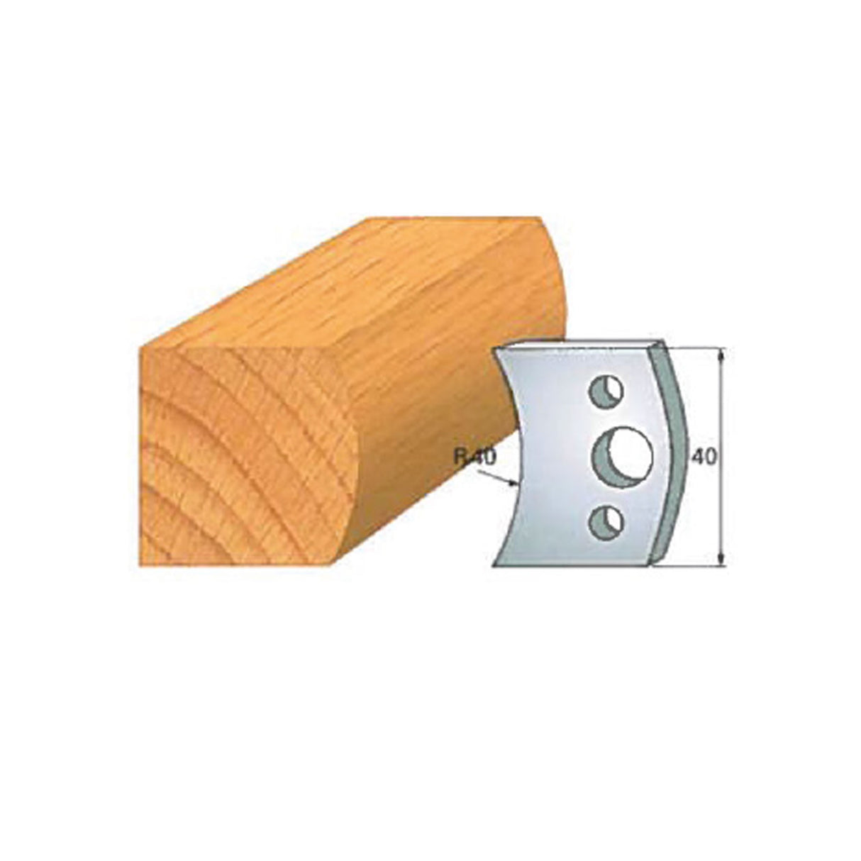 Woodworking molding cutter blade with radius edge and measurement diagram
