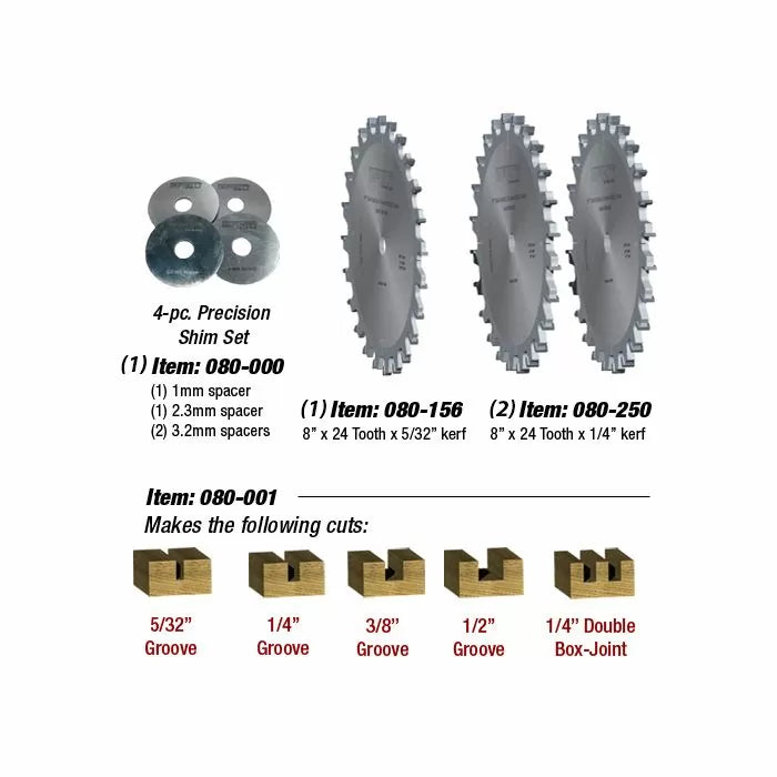 Table saw blade set with precision shims for making grooves and box joints in woodworking.