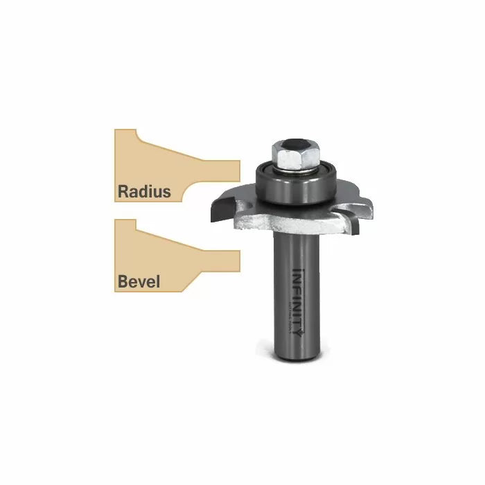 Router table bit with bearing, showing radius and bevel edge woodworking profiles