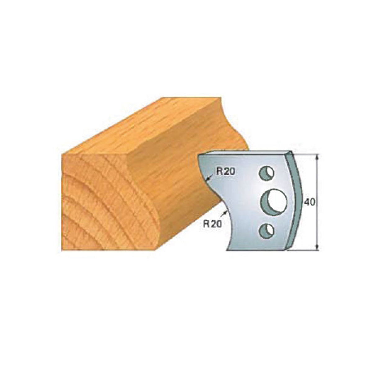 Woodworking molding knife and sample wood profile with radius measurements.