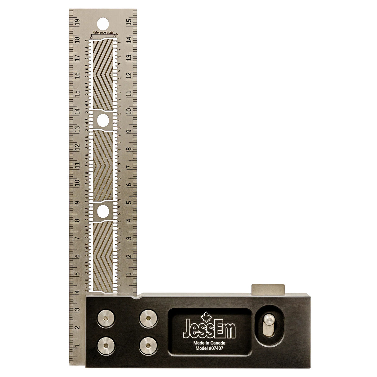 Precision woodworking square with engraved measurements and JessEm branding