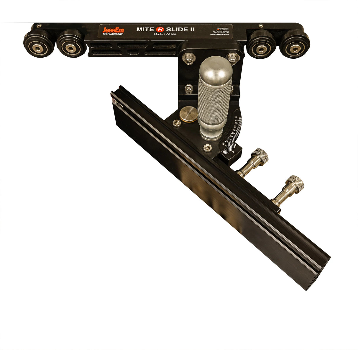 Precision woodworking miter slide jig with adjustable guide and metal handle for router table