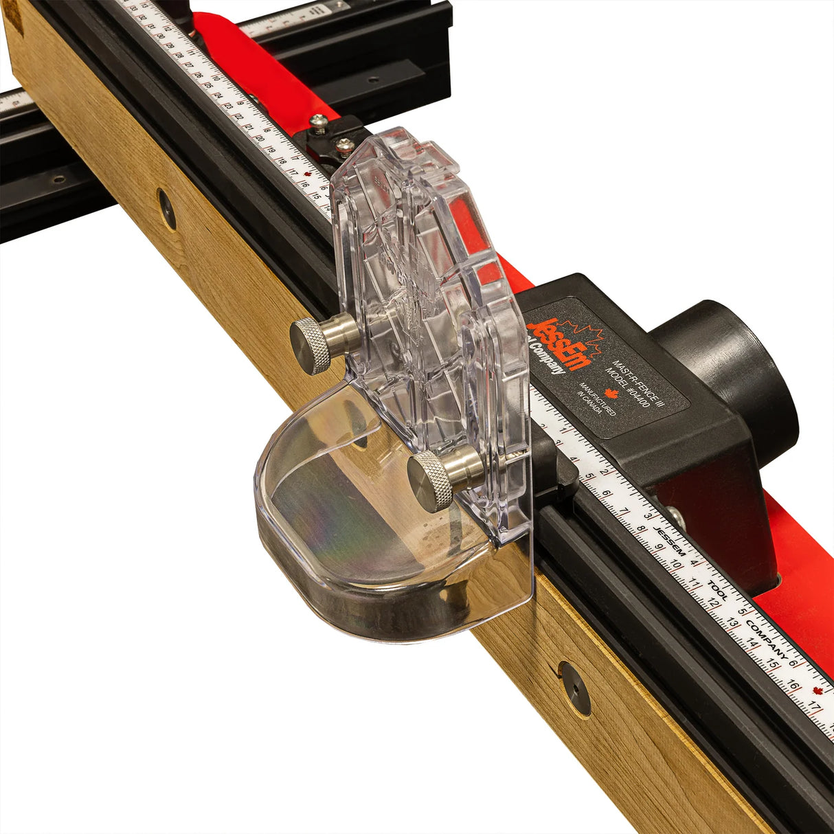 Router table fence with dust port, clear safety guard, and built-in measuring scale