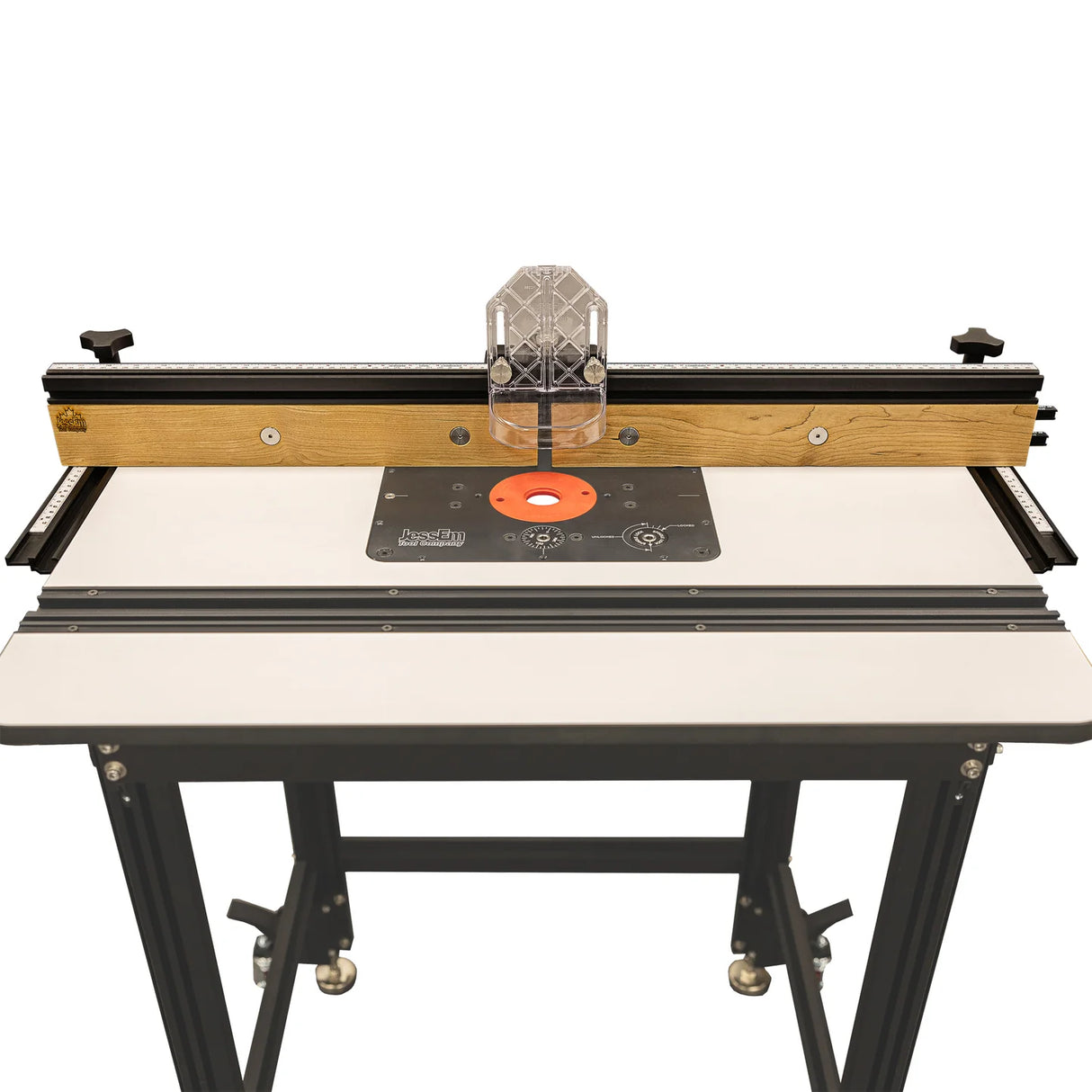 Precision woodworking router table with aluminum fence and measuring guides on sturdy stand