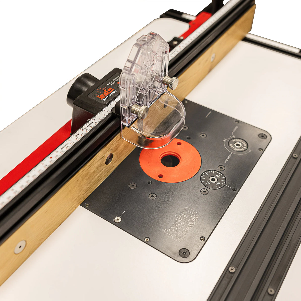 Precision router table top with fence, clear guard, and measuring scale for woodworking