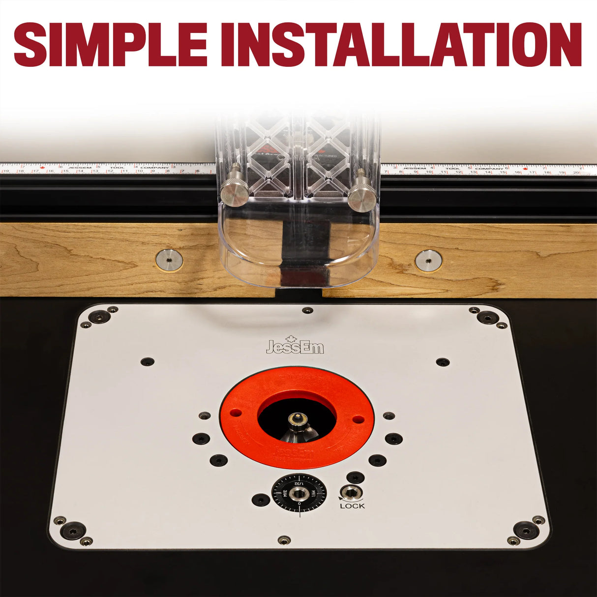 Router table insert plate with installed router bit and fence, simple installation text above.