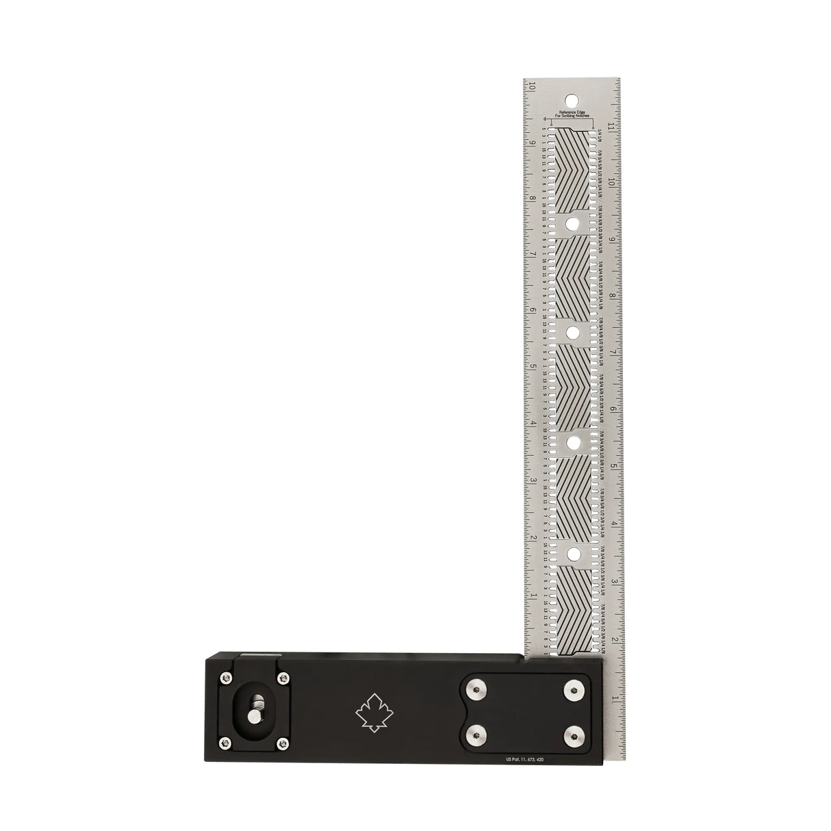 Woodworking precision square with black aluminum base and stainless steel ruler