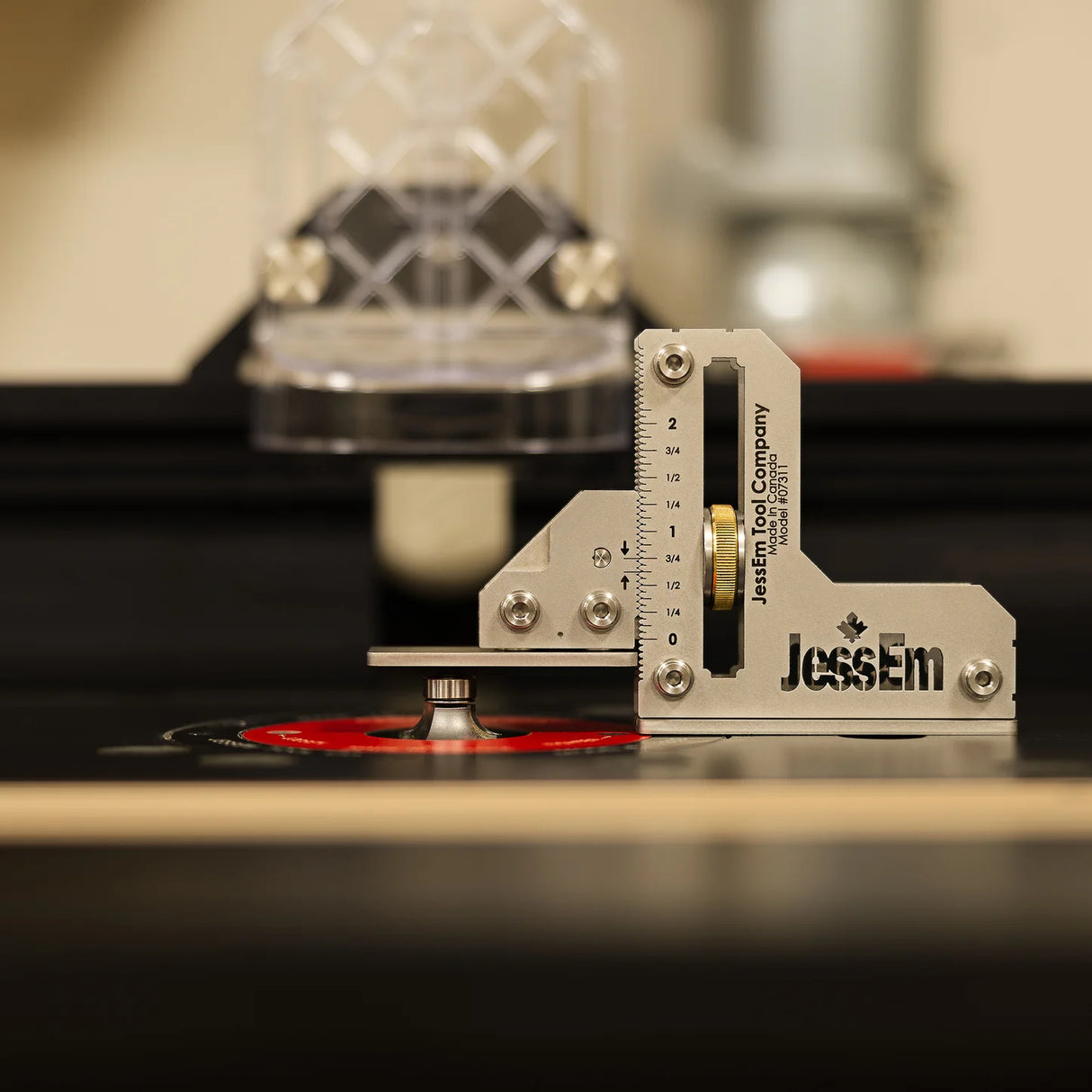 Router bit height gauge measuring bit on router table for precise woodworking setup