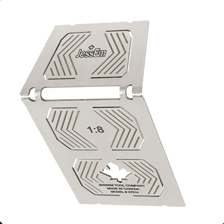 Metal woodworking dovetail angle gauge with etched markings and 1:8 ratio