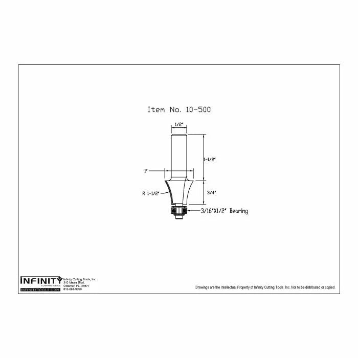 Technical drawing of router bit with measurements, item 10-500, woodworking tool diagram