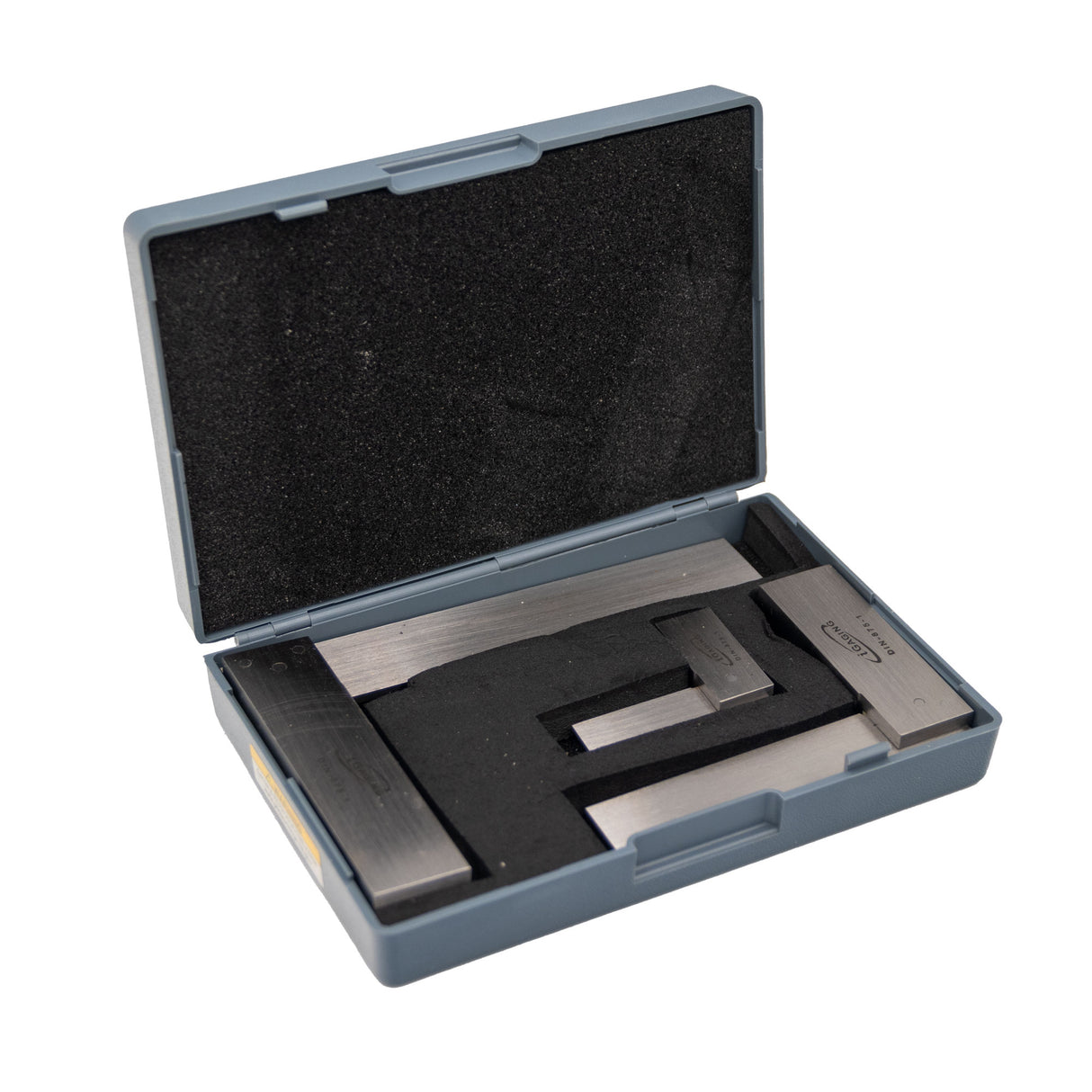 Precision woodworking square set in foam-lined plastic case on white background