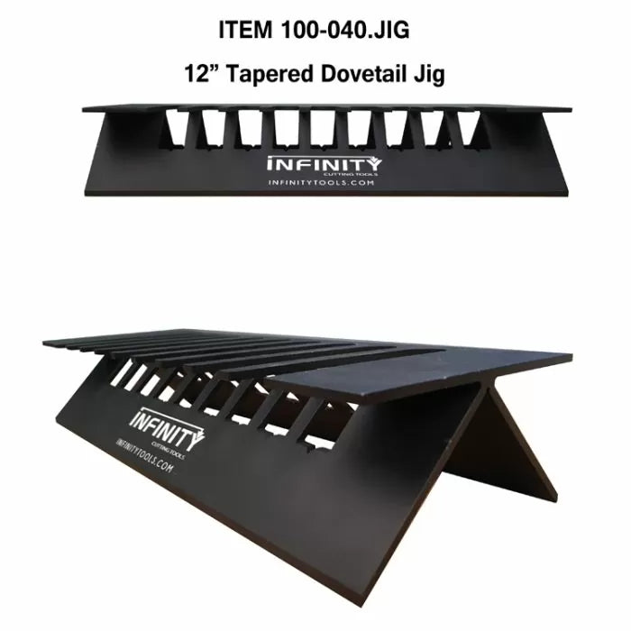 12-inch tapered dovetail jig for woodworking, black metal, angled slots, isolated background