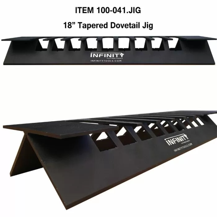 18-inch tapered dovetail jig woodworking tool with angled slots and Infinity logo