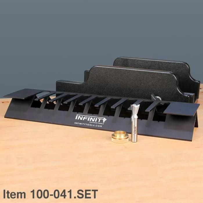 Dovetail jig set with router bit and guide bushing on wooden surface for woodworking joinery.