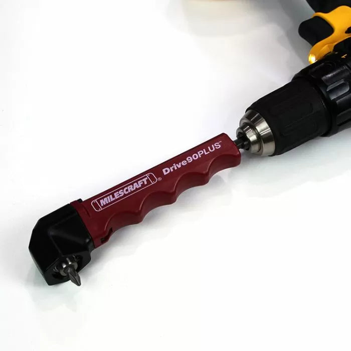 Milescraft Drive90PLUS right angle drill adapter attached to a power drill on white background