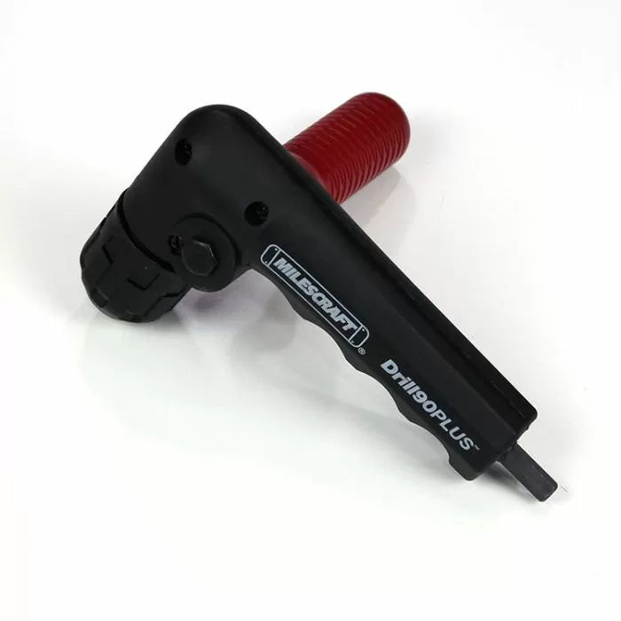 Right angle drill attachment with black body and red handle for woodworking projects