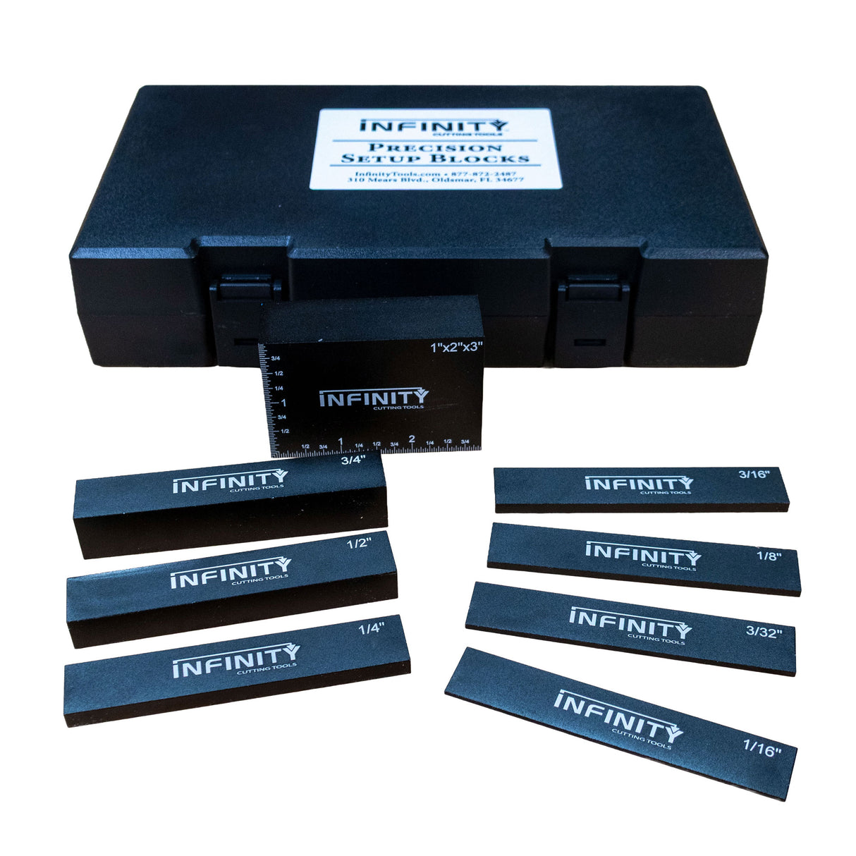 Infinity Tools 8-piece precision setup block set with storage case and labeled blocks on a white background