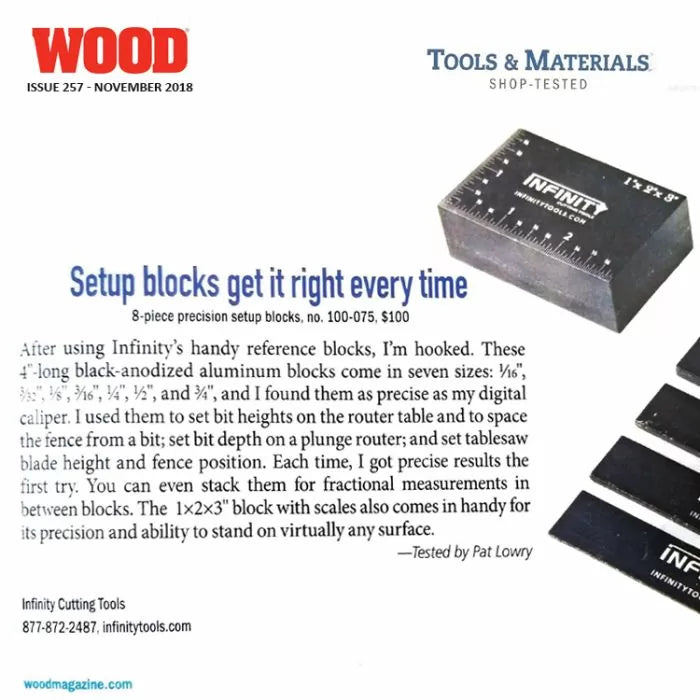 Precision aluminum setup blocks for woodworking, shown stacked, with engraved measurements.