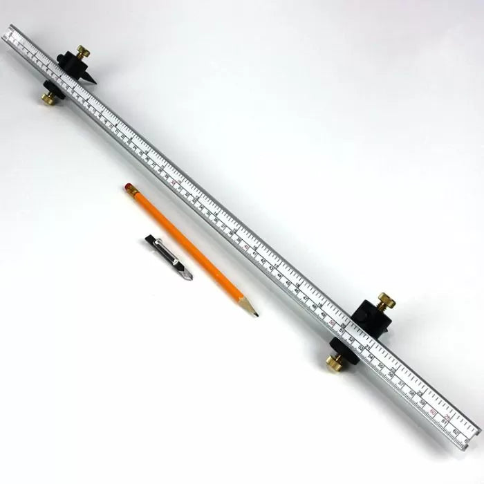 Aluminum marking gauge ruler with adjustable stops, pencil, and utility knife on white background.