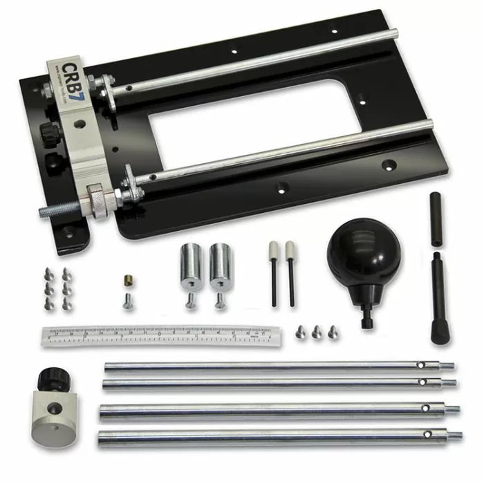 Router jig kit with metal guide rods, hardware, ruler, and accessories for woodworking projects