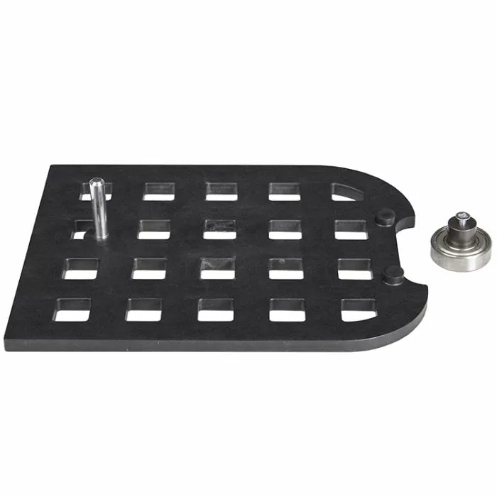 Router mortising jig with black grid pattern plate and metal guide bushing for woodworking.